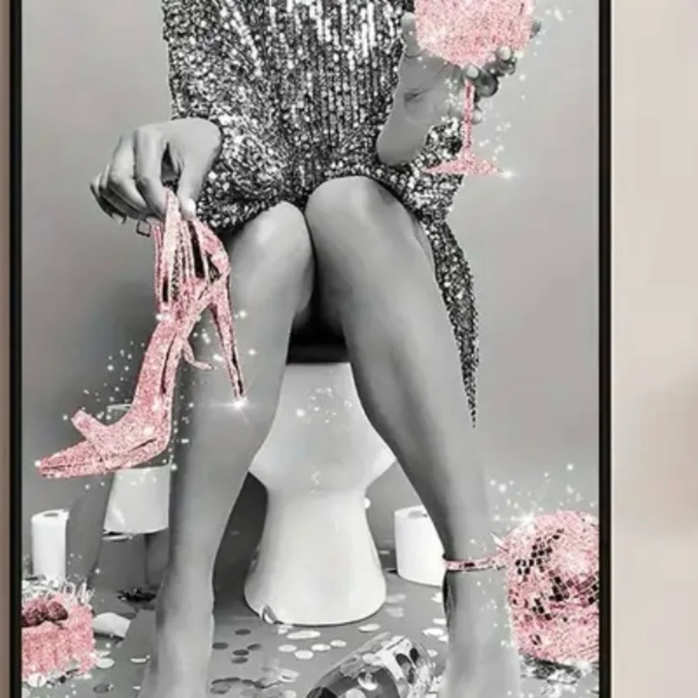 Ungramed Women on Toilet - Fashion Wall Art Bathroom Black glitter pink 8x11